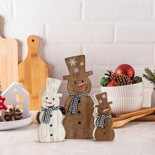 Set of 3 Rustic Wooden Snowman Christmas Table Decorations - Farmhouse Holiday Decor
