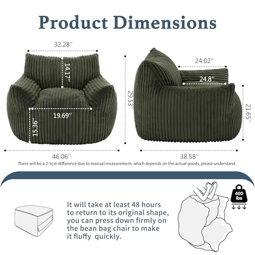 Oversized Corduroy Bean Bag Chair for Adults with Armrests - Green