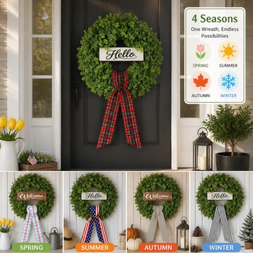24-Inch Artificial Boxwood Wreath with 6 Sashes Front Door Decoration