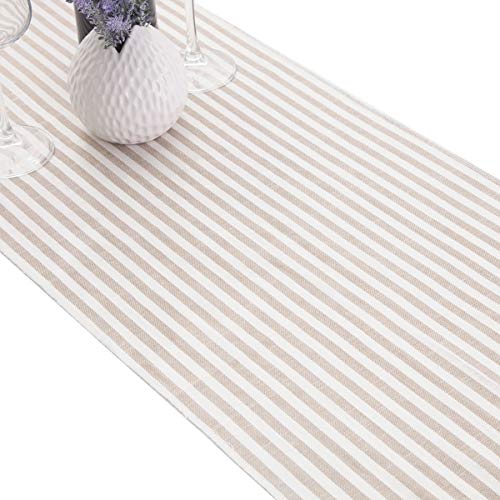 Rockcloud Khaki Striped Cotton Linen Table Runner 13x53 Inch - Rustic Home Decor