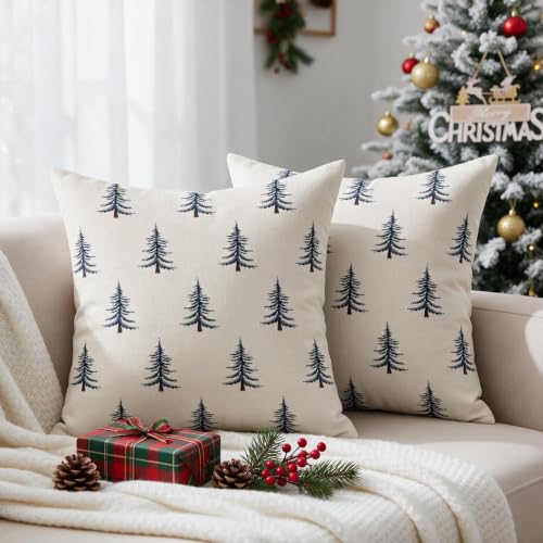 Sivirary 18x18 Blue Cream Christmas Pillow Covers Set of 2 with Tree Print