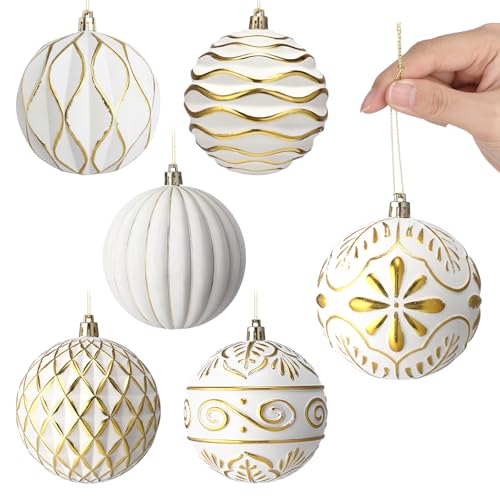 Soulchen White Gold Christmas Ornaments 4-inch Shatterproof Holiday Decor Set of 6