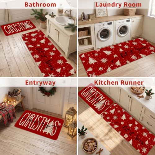 Christmas Kitchen Mats Set of 2 with Tree & Snowflake on Red—Non-Slip, 17x30 & 17x47 in