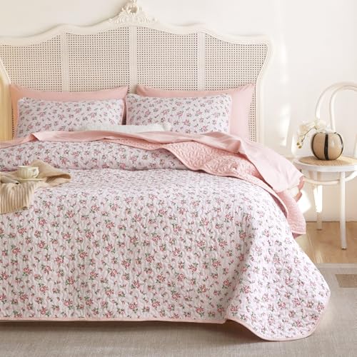 Wake In Cloud Pink Floral Quilt Set - Queen/Full Reversible Bedspread 3-Piece