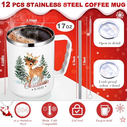 Umigy Nostalgic 12-Pack Christmas Coffee Mugs 17oz with Lids & Straws