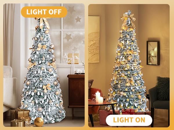 Karl Home 6 ft Snow Flocked Pre-lit Artificial Pop Up Christmas Tree with 100 Warm Lights, Golden Ornaments – Snowy Green