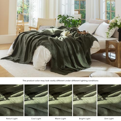 100% Cotton Muslin Blanket - Soft Lightweight 4-Layer Throw, Olive Green, 108" x 98"