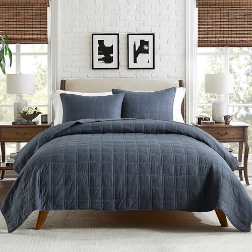 100% Cotton Quilt Set Twin Size - Pre-Washed Denim Blue Bedspread with Sham