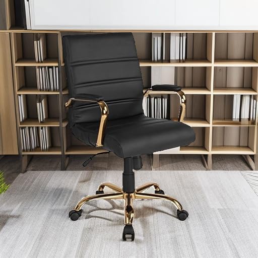 Mid-Back Swivel Office Chair with Gold Frame and Padded Armrests