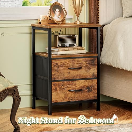 2-Drawer Nightstand Set with Open Shelf and Steel Frame, Rustic Brown