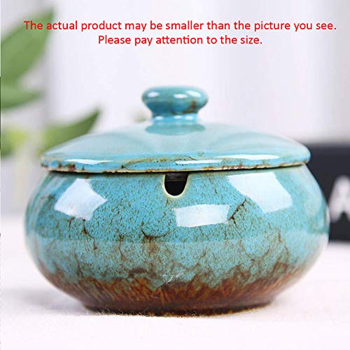 Ceramic Ashtray with Lid - Windproof Desktop Cigarette Ash Tray, Blue