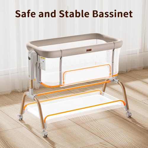 3-in-1 Baby Bedside Bassinet, Adjustable Rocking Crib with Mesh & Mattress