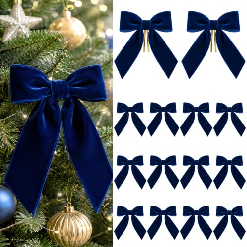 KINGLAKE 24 Pcs Navy Blue Velvet Bows 1.5 Inch for Christmas Tree Decoration