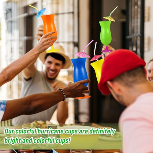 Neon Colored Plastic Hurricane Cups with Umbrella Straws - Tropical Party Supplies