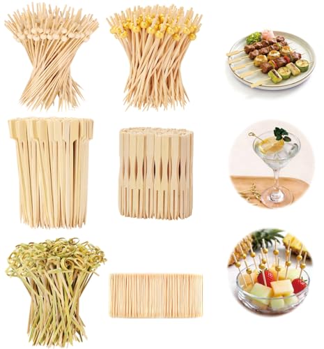 500PCS Natural Bamboo Cocktail Picks Set - 6 Styles & 4 Sizes for Drinks & Appetizers