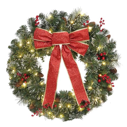 DiliComing 24 Inch Pre-Lit Christmas Wreath with White Lights for Front Door, Outdoor Decor