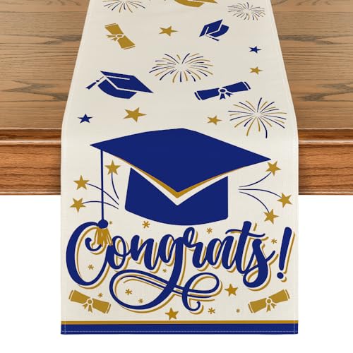 Artoid Mode Blue Congrats Diploma Cap Graduation Table Runner 13x36 inch
