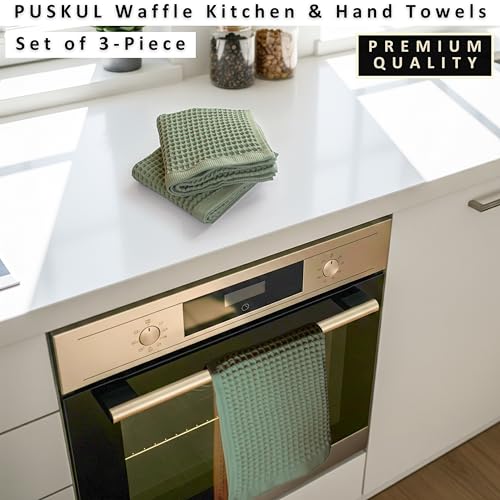 Turkish Cotton Waffle Hand Towel Set - 32x16 Inch Sage Green Kitchen Towels