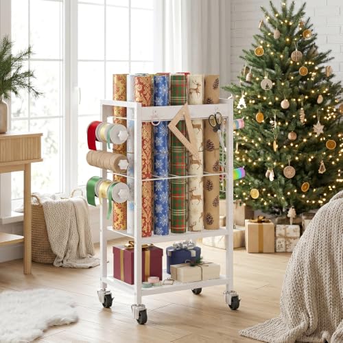 Rolling Wrapping Paper Storage Cart with Wheels and Ribbon Holder