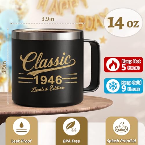 80th Birthday Gifts for Men - Classic 1946 Insulated Coffee Mug with Lid & Straw, 14oz Black