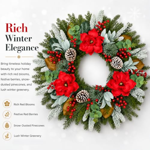 Hoobalon 28 Inch Frosted Red Magnolia Christmas Wreath for Front Door