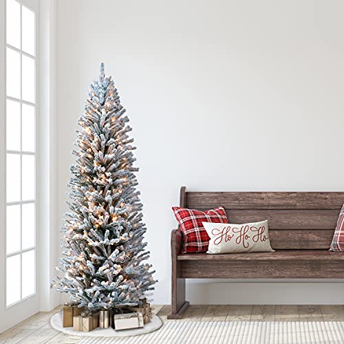 Puleo International 6' Flocked Fir Artificial Christmas Tree with 300 Clear Lights, Pine Cones, Green