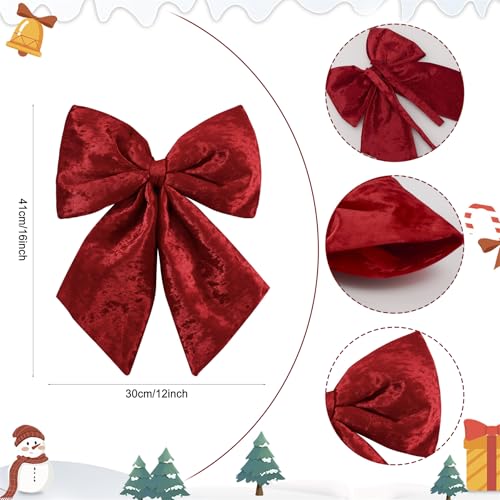 Wlflash Burgundy Large Plush Velvet Christmas Bow Set of 2 - 16-Inch Tree Topper & Decor