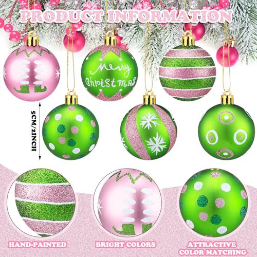 Knitgrip 24 Pink Green Christmas Ball Ornaments - 2 Inch Plastic Tree Decor Set