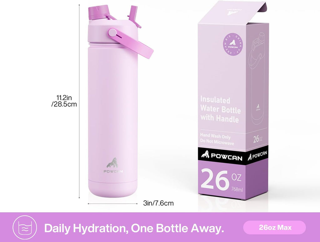 POWCAN 26 oz Insulated Water Bottle - 2-in-1 Straw & Spout Lid, Keeps Drinks Cold 24H | Cherry Pop
