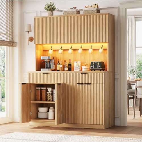 Fluted Kitchen Pantry Cabinet with Charging Station and LED Lighting