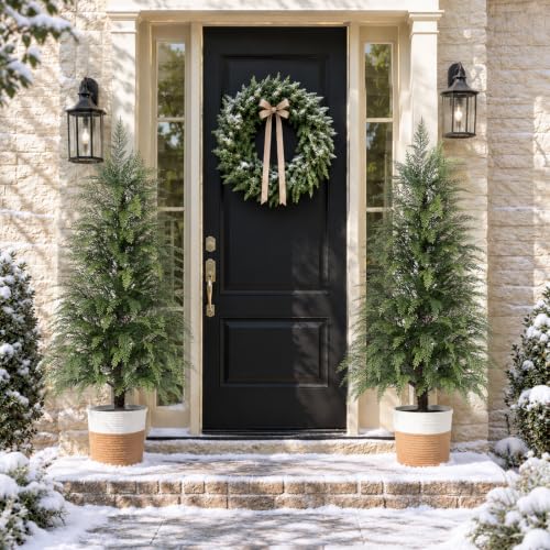 Waipfaru 4FT 2-Pcs Dark Green Cypress Artificial Christmas Trees in Woven Baskets - Outdoor/Indoor