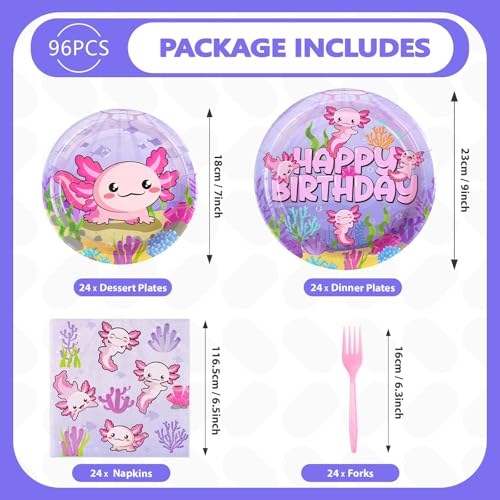 96-Piece Pink Axolotl Birthday Party Tableware Set for 24 Guests