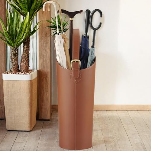 Tall Leather Umbrella Stand for Entryway with Drip Tray and 2 Hooks