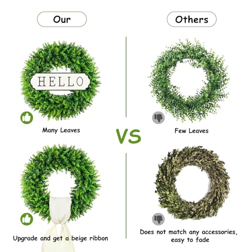 20-Inch Artificial Boxwood Wreath for Front Door with Hello Sign