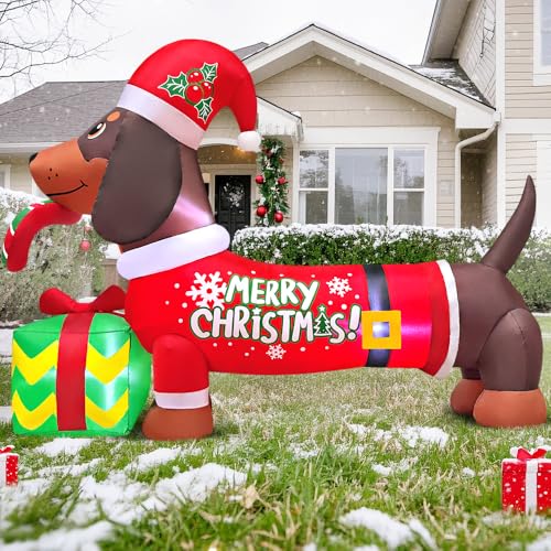 KOOY 5FT Christmas Inflatable Dachshund with Gift Box Outdoor Decor