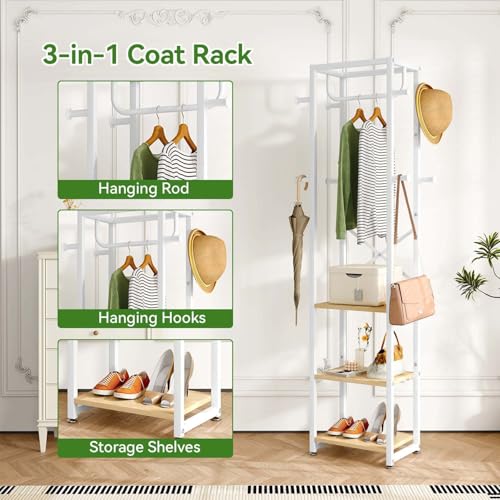 Industrial Freestanding Hall Tree with 3 Shelves and 8 Coat Hooks