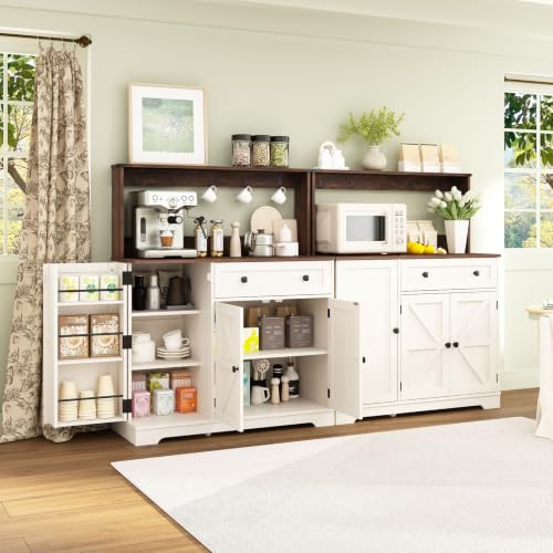 Farmhouse Coffee Bar Cabinet with Charging Station, 39-Inch Kitchen Hutch