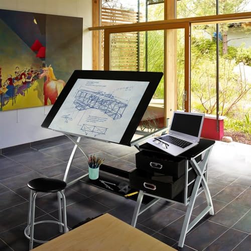 Adjustable Drafting Table with Storage Drawers and Padded Stool