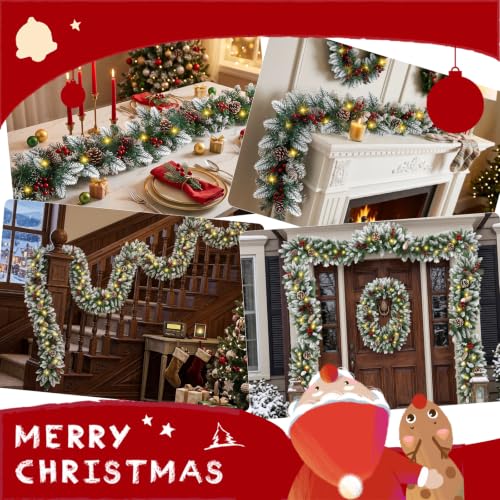 JGIRL 9 FT Christmas Garland with Lights & 50 LEDs, White, 9 Modes