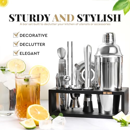 MixMate 15-Piece Cocktail Bar Set with Stand - Silver & Black Home Mixology Kit