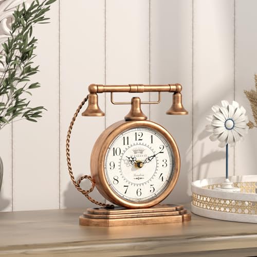 Vintage Telephone Table Clock, Gold Antique Style Mantel Clock 7.3 Inch