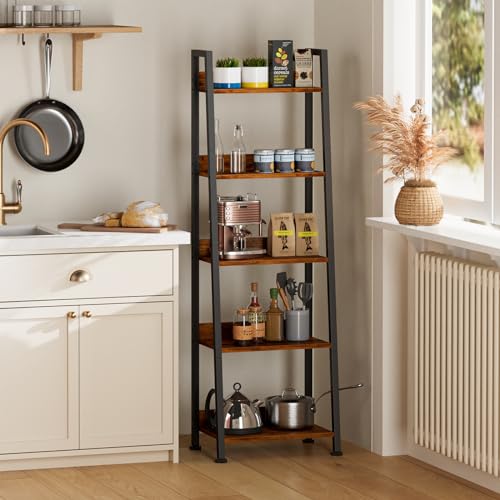 5-Tier Industrial Ladder Shelf with Fabric Drawer, Rustic Wood Bookshelf