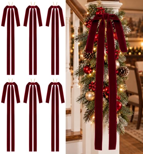 Milimot Burgundy Velvet Christmas Bows 15 x 24 in, 6-Pack (1 in Ribbon) - Pre-Tied