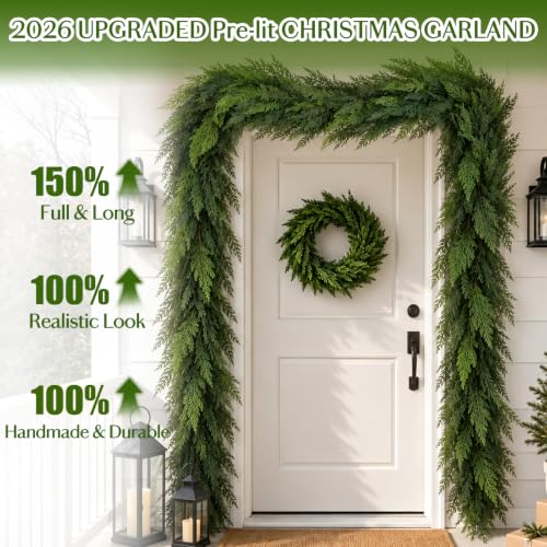 2 Pack 9FT Cedar Garland with 50 LED Lights, Pre-Lit Faux Greenery 9 ft