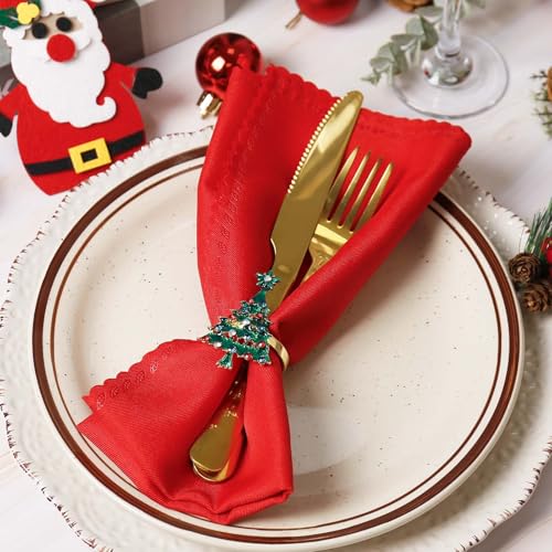 Getfitsoo Style4 Christmas Napkin Rings & Cloth Napkins Set of 12 - Red & Green Holiday Table Decor