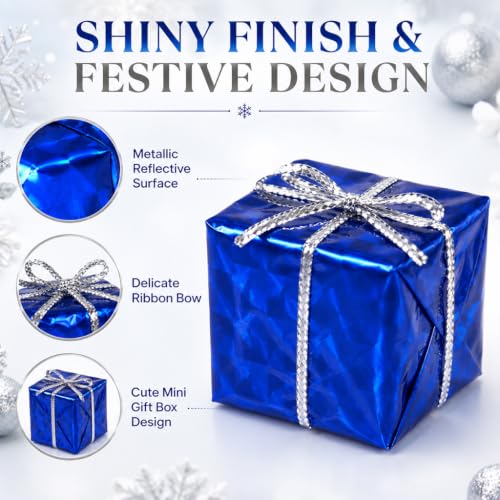 36Pcs Mini Christmas Tree Ornaments Set - 1 Inch Foil Gift Boxes with Hanging Rope