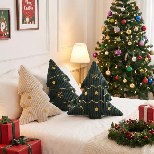 Green Corduroy Embroidered Christmas Tree Pillows Set of 2, 14x16 Inches