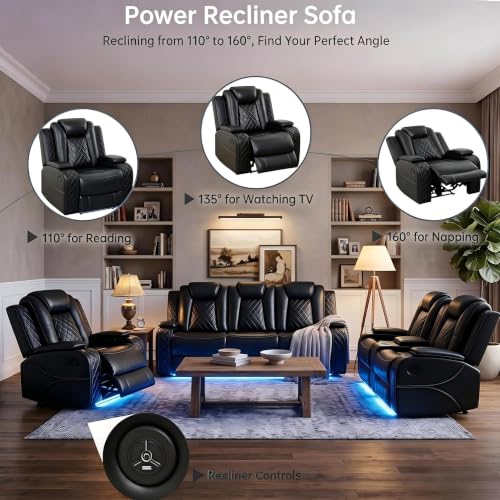 3-Piece Power Reclining Leather Sofa Set with LED Lighting and USB Ports