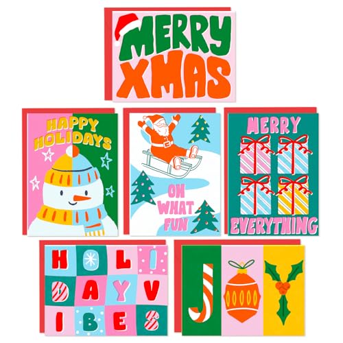 Neon Christmas Cards Set of 24 with Envelopes - Bright Holiday Greeting Cards