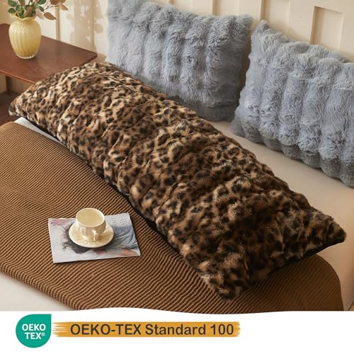 Leopard Print Body Pillow Cover 20x54 - Soft Faux Rabbit Fur